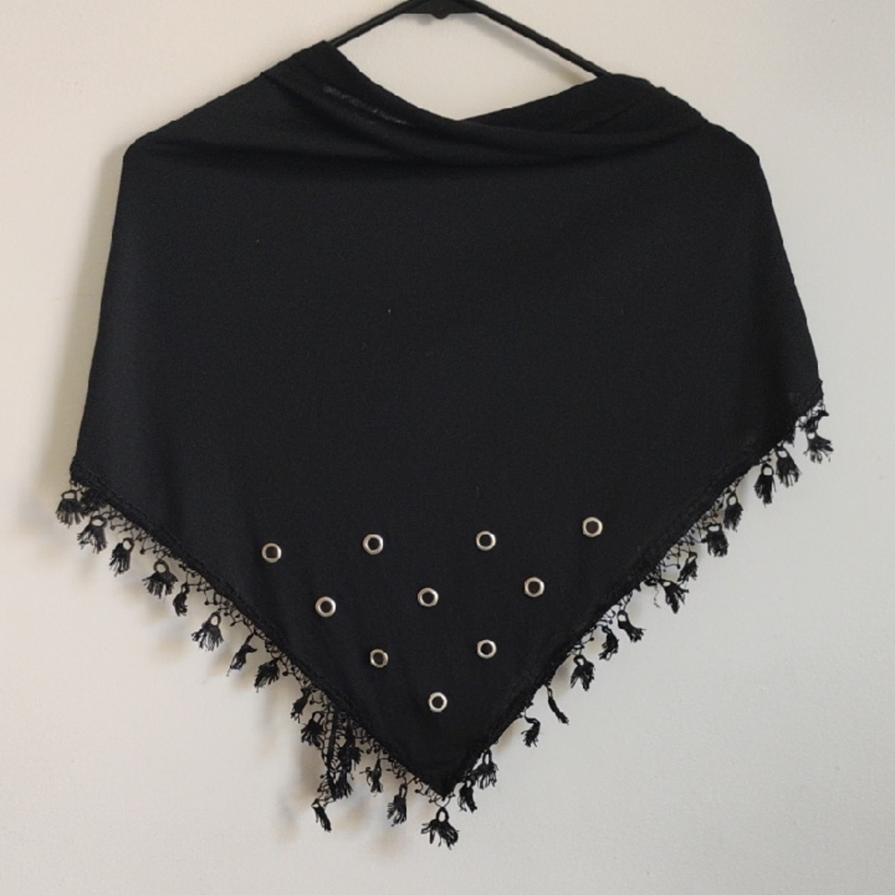 Wet Seal | Elegant Black Scarf with Fringe + Metal Accented Peepholes | EUC
